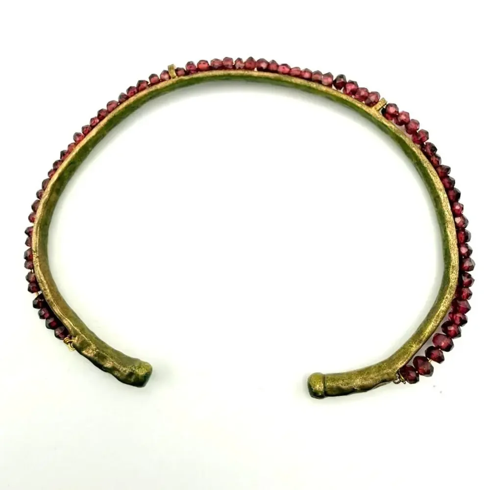 Handmade Vtg Brass Faceted Garnet Bead Cuff Bracelet Ethnic Tribal Festival Boho